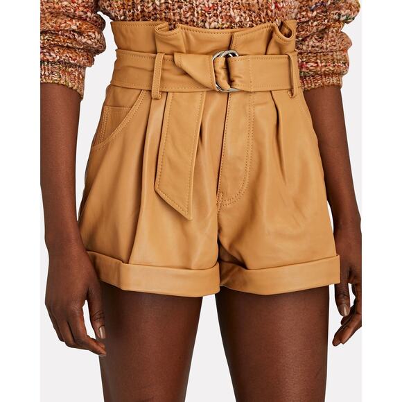 Marissa Webb Dixon Lamb Leather High Waisted Paperbag Shorts Beige Women's 2 - Picture 1 of 6